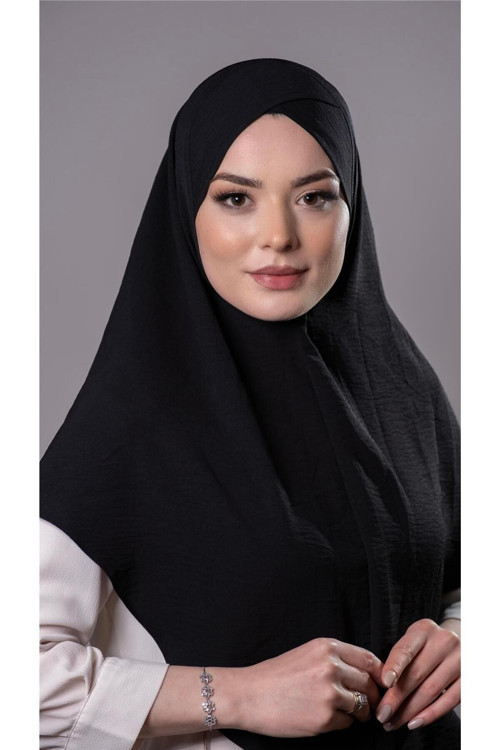 Siyah Pratik Hazır Geçmeli Tesettür Eşarp Aerobin Kumaş Çapraz Hijab 2307_01