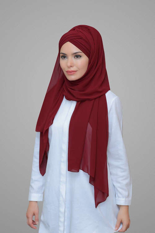 Bordo Pratik Hazır Geçmeli Bone Şal Şifon Kendinden Boneli Üç Bantlı 1451_16