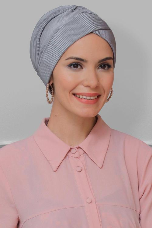 Gri Pratik Hazır Geçmeli Tesettür Bone Fukuro Piliseli Çapraz Büzgülü 1822_15