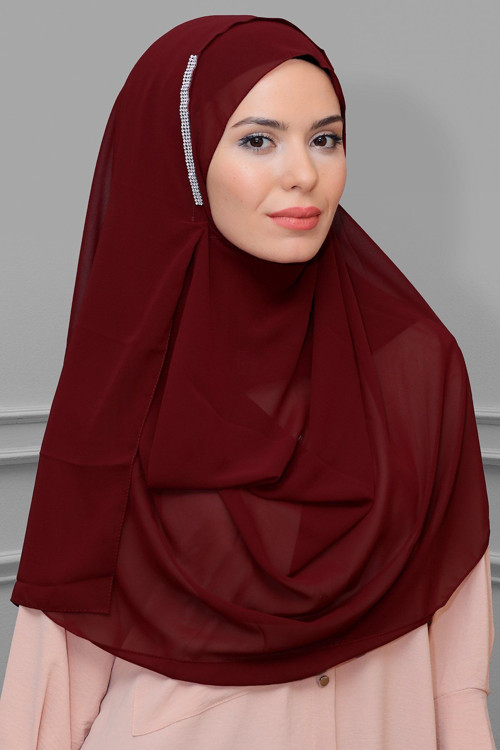 Bordo Pratik Hazır Geçmeli Malezya Şal Şifon Taşlı 1850_16