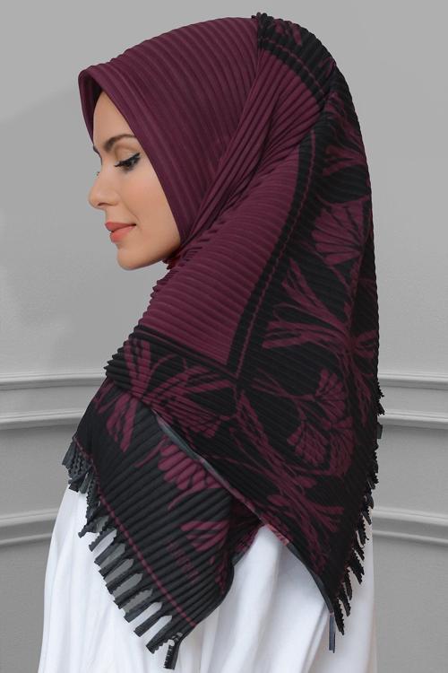 Bordo Pratik Hazır Geçmeli Tesettür Eşarp Kesik Elyaf Piliseli Çiçek Desenli 1818D3_16