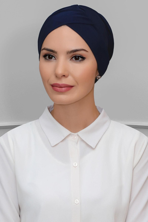 Lacivert Pratik Hazır Geçmeli Tesettür Bone Sandy Kumaş Çapraz Büzgülü 1801_02