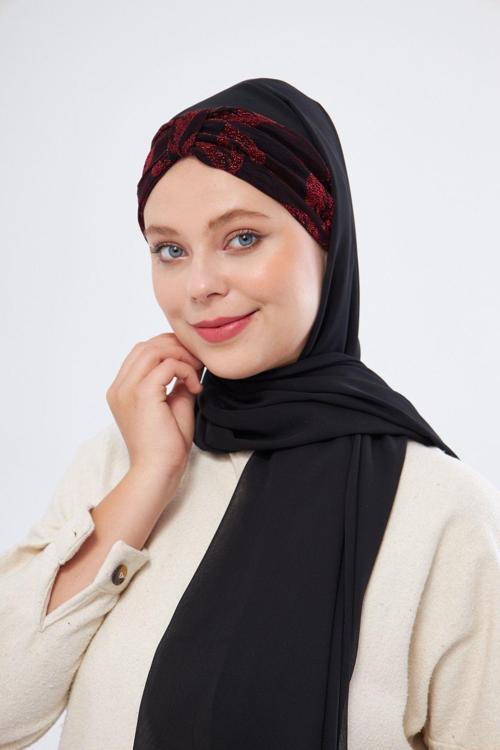 Bordo Simli Arkadan Bağlamalı Şal Şifon Çiçek Desenli 2318_16