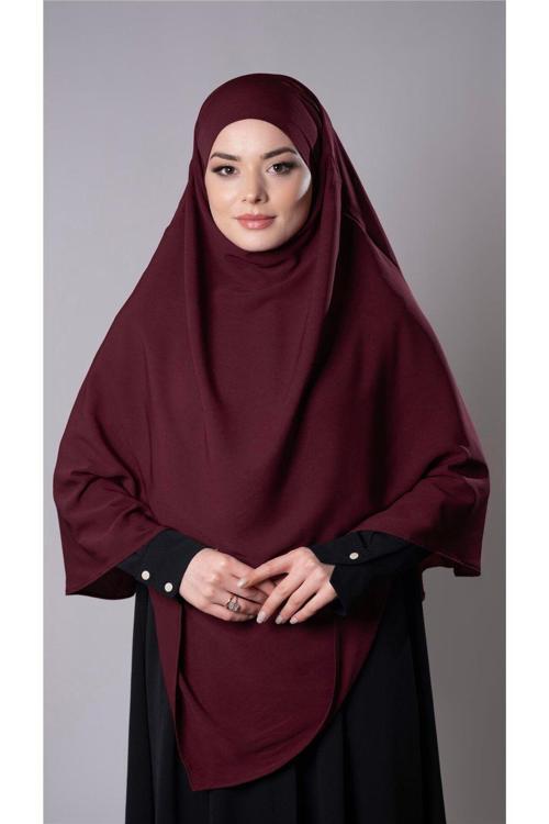 Bordo Pratik Hazır Geçmeli Tesettür Eşarp Medine İpeği Bağcıklı Çift Katlı Sufle Hijab 2302_16