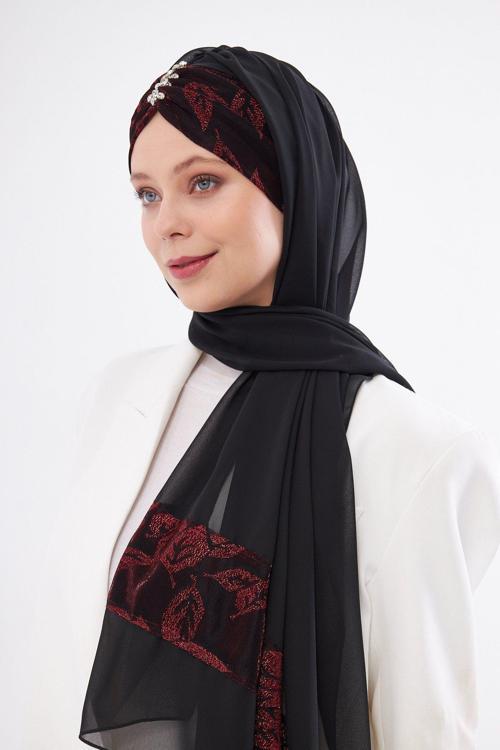 Bordo Taşlı Arkadan Bağlamalı Şal Şifon Çiçek Desenli 2319_16