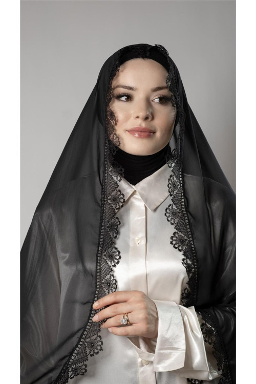 Siyah Namaz Başörtüsü Şal Şifon Kumaş Güpürlü 202106_01