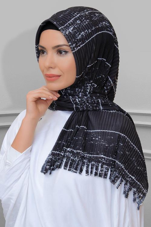 Siyah Pratik Hazır Geçmeli Tesettür Eşarp Kesik Elyaf Piliseli Çizgili Desenli 1818D2_01