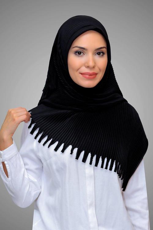 Siyah Pratik Hazır Geçmeli Tesettür Eşarp Kesik Elyaf Piliseli Saçaklı Lazer Kesim 1818_01