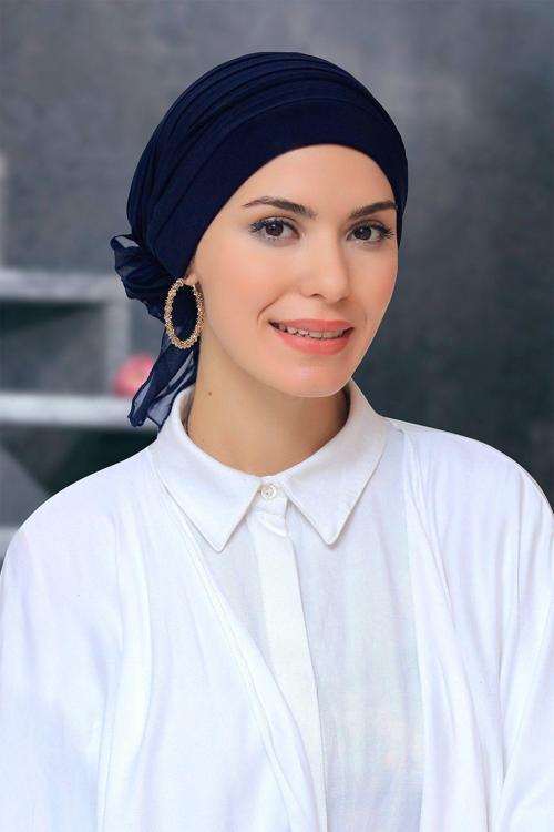 Lacivert Pratik Hazır Geçmeli Tesettür Bone Sandy Kumaş Pileli Nervürlü Güllü 1806_02