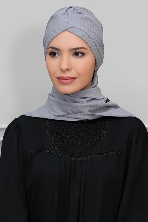 Gri Pratik Hazır Geçmeli Tesettür Bone Petekli Mevsimlik Büzgülü Atkılı 1860_15