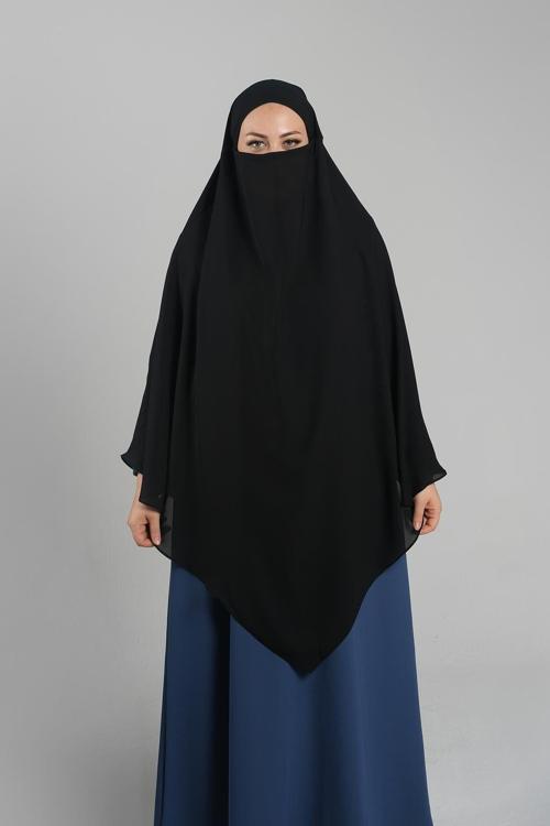 Siyah Pratik Hazır Geçmeli Tesettür Eşarp Krep Bağcıklı Sufle Hijab 2313_01