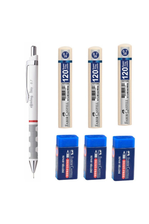 Rotring Tikky 0.7 Beyaz Kalem Faber 3 Silgi Ve 3 Min Uç
