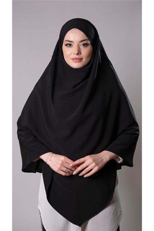Siyah Pratik Hazır Geçmeli Tesettür Eşarp Medine İpeği Bağcıklı Çift Katlı Sufle Hijab 2302_01