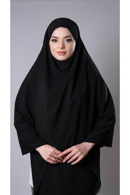 Siyah Pratik Hazır Geçmeli Tesettür Eşarp Medine İpeği Bağcıklı Sufle Hijab 2301_01