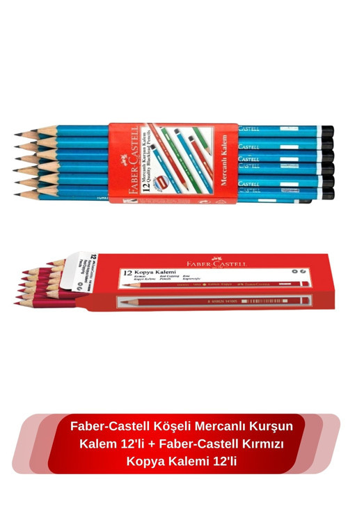 Köşeli Mercanlı Kurşun Kalem 12'Li + Kırmızı Kopya Kalemi 12'Li
