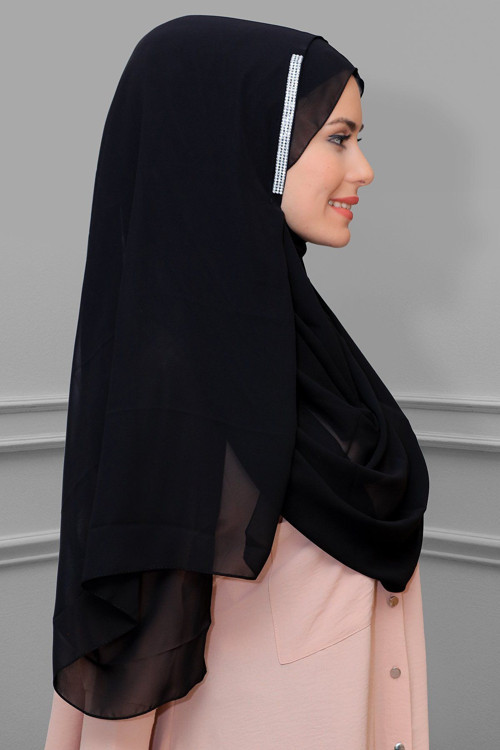 Siyah Pratik Hazır Geçmeli Malezya Şal Şifon Taşlı 1850_01