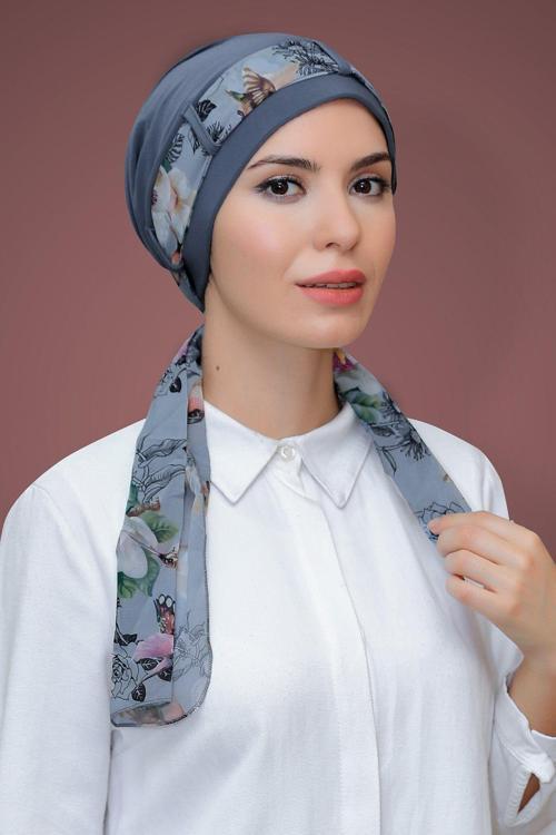 Gri Pratik Hazır Geçmeli Tesettür Bone Sandy Kumaş Desenli Şifon Kemerli 1205D_15