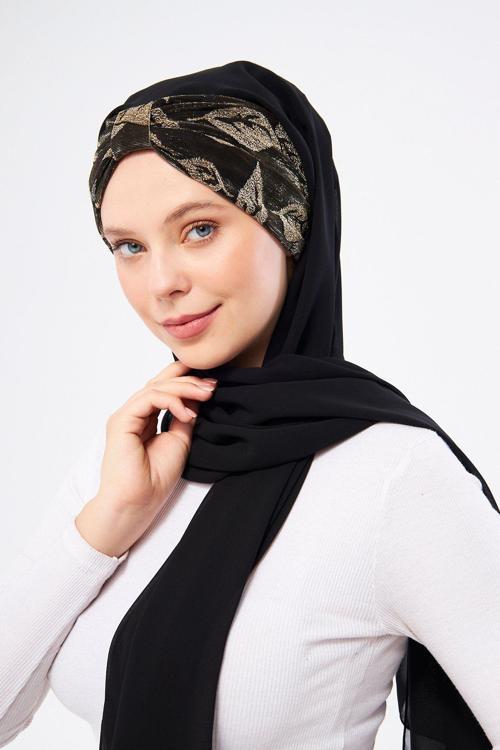 Siyah Simli Arkadan Bağlamalı Şal Şifon Çiçek Desenli 2318_01