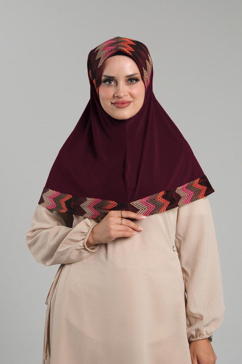 Bordo Pratik Hazır Geçmeli Tesettür Eşarp Sandy Renkli Desenli Fileli 2401_16