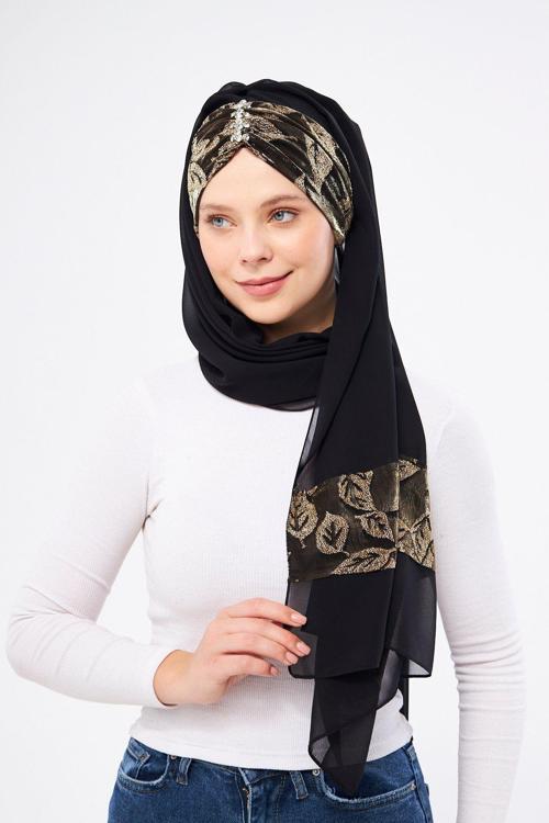 Siyah Taşlı Arkadan Bağlamalı Şal Şifon Çiçek Desenli 2319_01