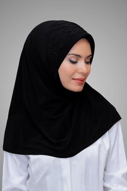 Siyah Pratik Hazır Geçmeli Tesettür Eşarp Sandy Kumaş Işlemeli Incili Taşlı 1605_01