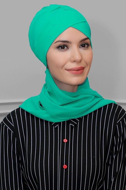 Su Yeşili Pratik Hazır Geçmeli Tesettür Bone Sandy Kumaş Çapraz Büzgülü Şifon Atkılı 1801A_32