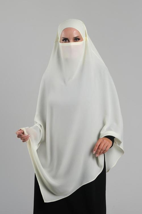 Ekru Pratik Hazır Geçmeli Tesettür Eşarp Krep Bağcıklı Sufle Hijab 2313_27