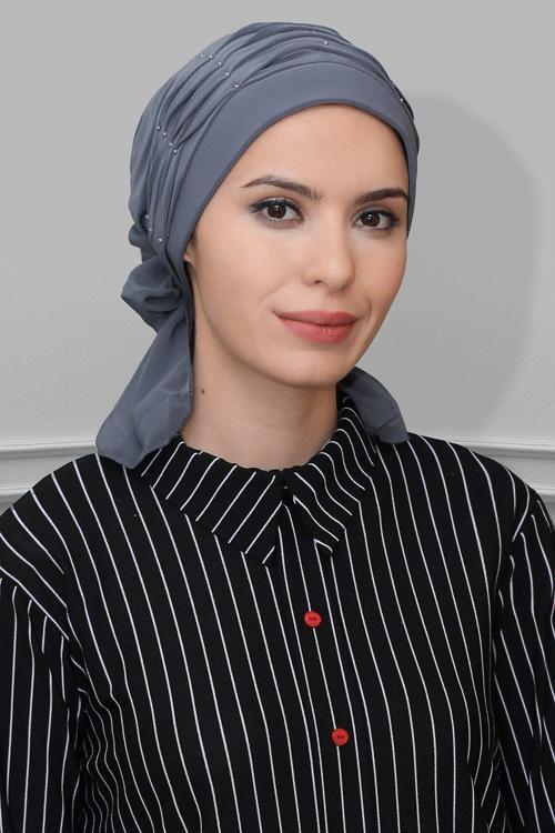 Gri Pratik Hazır Geçmeli Tesettür Bone Sandy Kumaş Incili Pileli Nervürlü Güllü 1805_15
