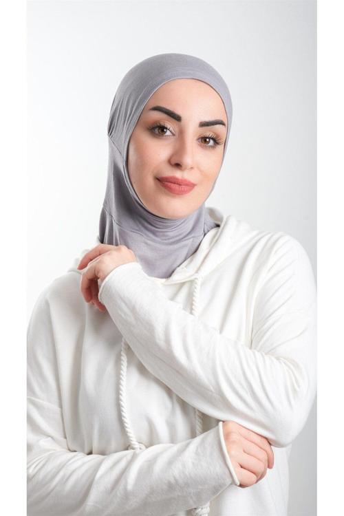 Gri Pratik Hazır Geçmeli Tesettür Bone Sandy Kumaş Spor Hijab 2113_15