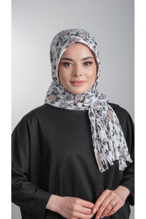 Krem-Siyah Pratik Hazır Geçmeli Tesettür Eşarp Kesik Elyaf Piliseli Çiçek Desenli 1818D6_4001