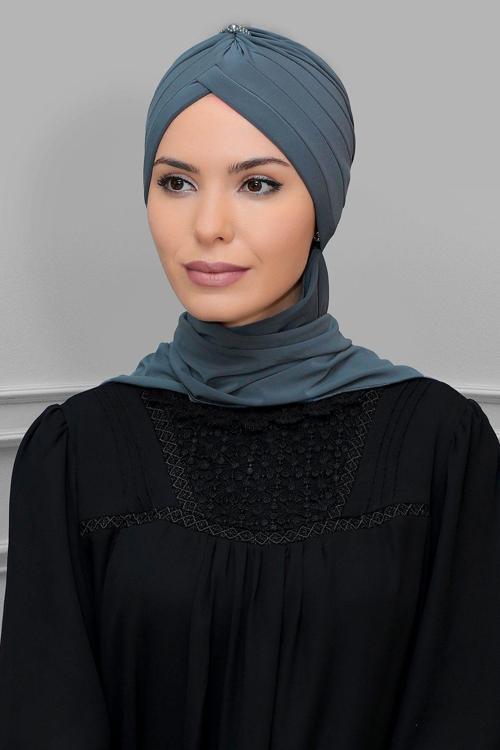 Gri Pratik Hazır Geçmeli Tesettür Bone Sandy Kumaş Taçlı Büzgülü Şifon Atkılı 1208A_15