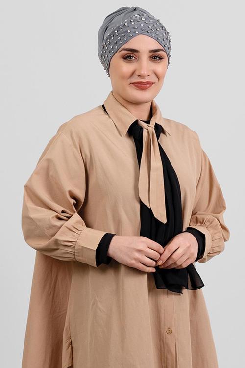 Gri Pratik Hazır Geçmeli Tesettür Bone Sandy Kumaş Taşlı 1456_15