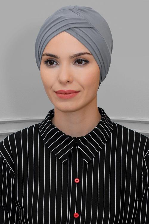 Gri Pratik Hazır Geçmeli Tesettür Bone Sandy Kumaş Üç Çapraz 1803_15