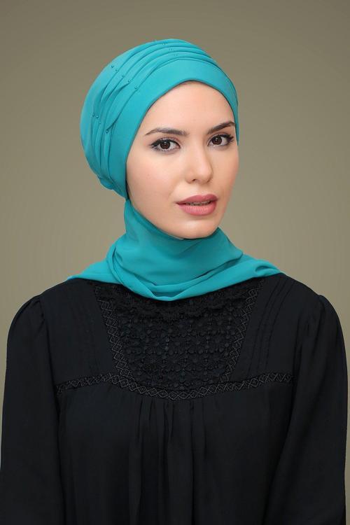 Mint Y. Pratik Hazır Geçmeli Tesettür Bone Sandy Kumaş Incili Nervürlü Güllü Atkılı 1805A_13