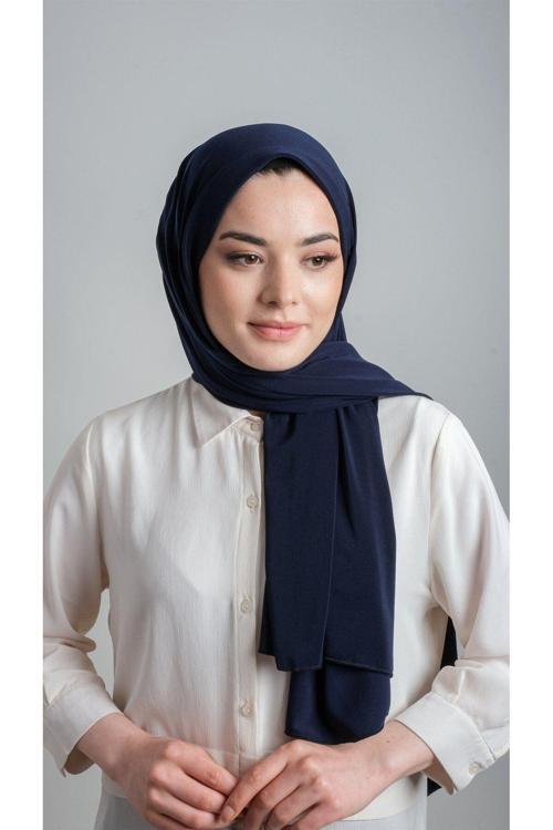 Lacivert Pratik Hazır Geçmeli Eşarp Sandy Kumaş Sade 1817_02