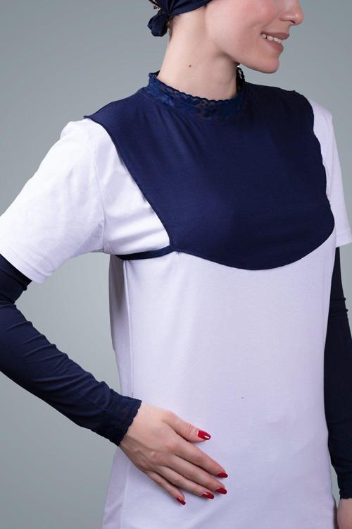 Lacivert Tesettür Boyunluk Viskon Kumaş Yaka Dantelli 1004_02