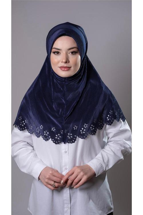 Lacivert Pratik Hazır Geçmeli Tesettür Eşarp Fukuro Kumaş Piliseli Çiçek Desenli Lazer Kesim 1829_02