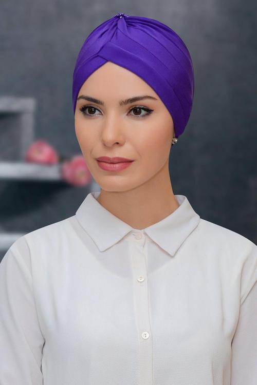 Mor Pratik Hazır Geçmeli Tesettür Bone Sandy Kumaş Taçlı Büzgülü 1208_22