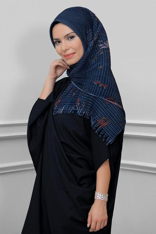 Lacivert Pratik Hazır Geçmeli Tesettür Eşarp Kesik Elyaf Piliseli Çiçek Desenli 1818D1_02
