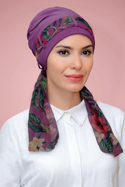 Violet Pratik Hazır Geçmeli Tesettür Bone Sandy Kumaş Desenli Şifon Kemerli 1205D_21