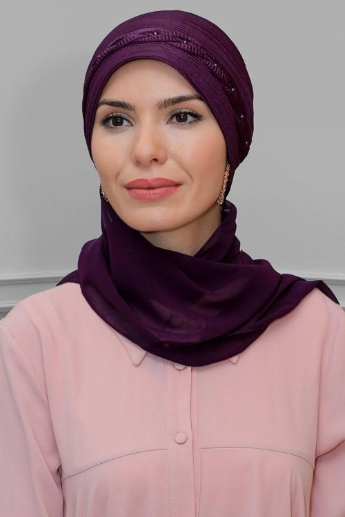 Mürdüm Pratik Hazır Geçmeli Tesettür Bone Fukuro Piliseli Örgülü Şifon Atkılı 1825A_07