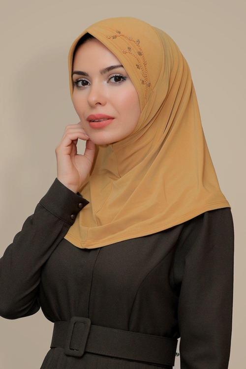 Gold Pratik Hazır Geçmeli Tesettür Eşarp Sandy Kumaş Elişi Çiçek Işlemeli Laleli 1603_03