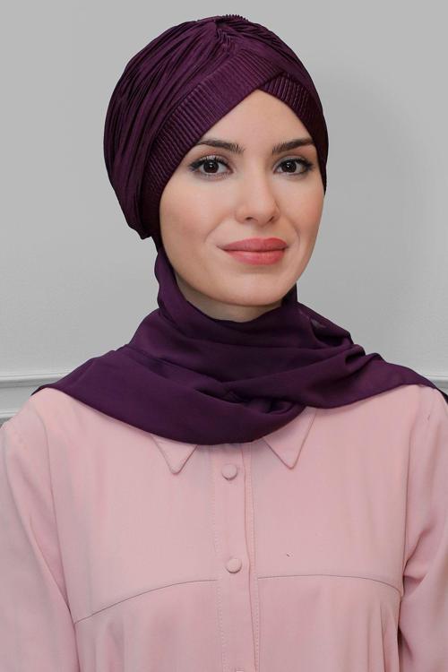 Mürdüm Pratik Hazır Geçmeli Tesettür Bone Fukuro Piliseli Tek Çapraz Büzgülü Şifon Atkılı 1824A_07