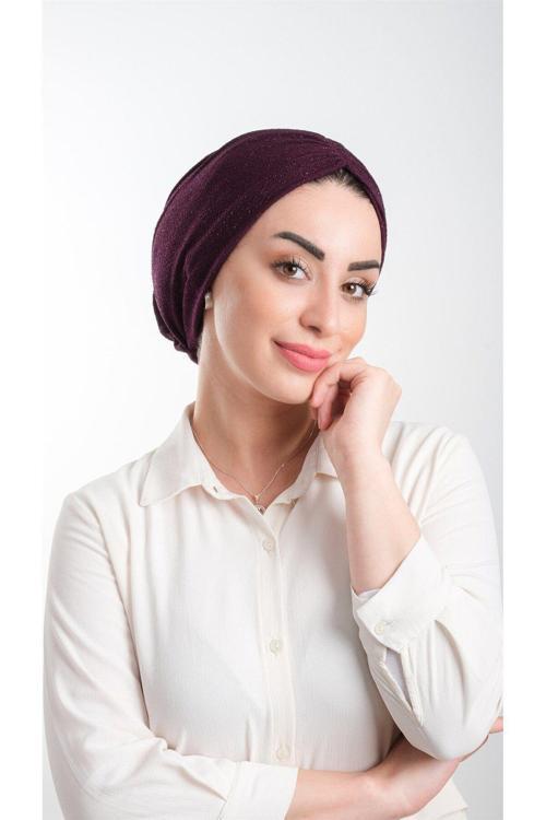 Mürdüm Pratik Hazır Geçmeli Tesettür Bone Fukuro Simli Büzgülü 2116_07