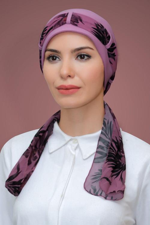 Gül Kurusu Pratik Hazır Geçmeli Tesettür Bone Sandy Kumaş Desenli Şifon Kemerli 1205D_18