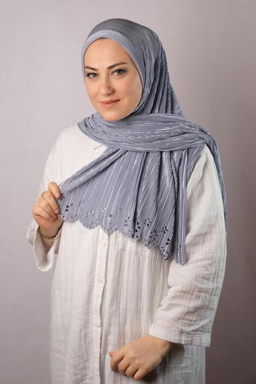 Gri Pratik Hazır Geçmeli Tesettür Eşarp Fukuro Piliseli Çiçek Desenli Lazer Kesim 1819_15