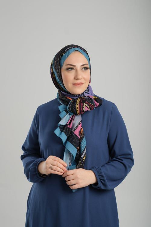 Bebe Mavisi Desenli Şal Kesik Elyaf Pamuksu Etnik Dijital Baskılı 202124_11