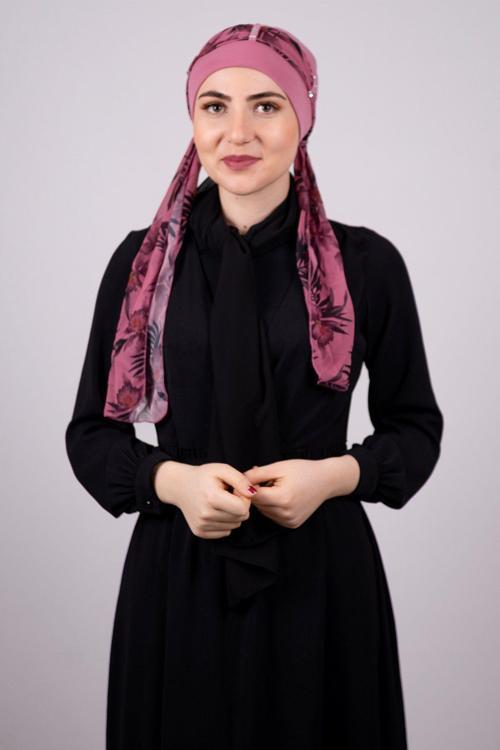 Gül Kurusu Pratik Hazır Geçmeli Tesettür Bone Sandy Kumaş Desenli Şifon Kemerli 1305D_18