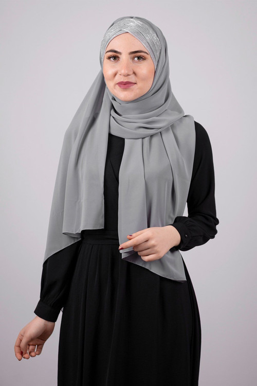 Gri-Gümüş Arkadan Bağlamalı Şal Şifon Üç Bantlı Simli Pileli 1835_1501