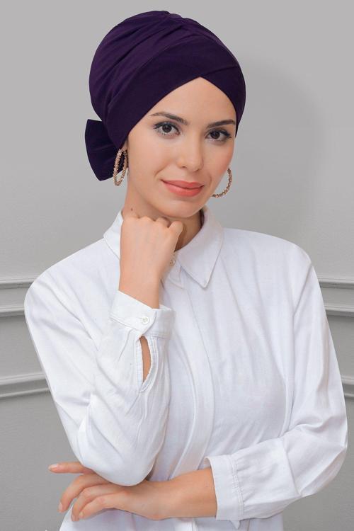 Mürdüm Pratik Hazır Geçmeli Tesettür Bone Sandy Kumaş Fiyonklu Çift Taraflı Tek Çapraz 1833_07